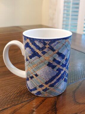 Royal Doulton Glen Ora Coffee Mug Tea Cups Blue & White Plaid England Set 2x VTG